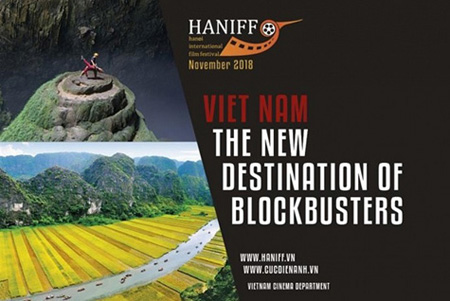 Một trong 3 pano giới thiệu hình ảnh Việt Nam lại Cannes. Ảnh: Cục Điện ảnh Việt Nam.